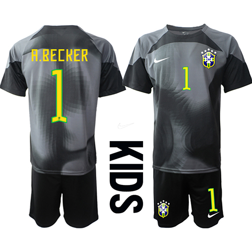 Fotballdrakt Barn Brasil Alisson Becker #1 Keeper Hjemmedraktsett VM 2022 Kortermet (+ Korte bukser)